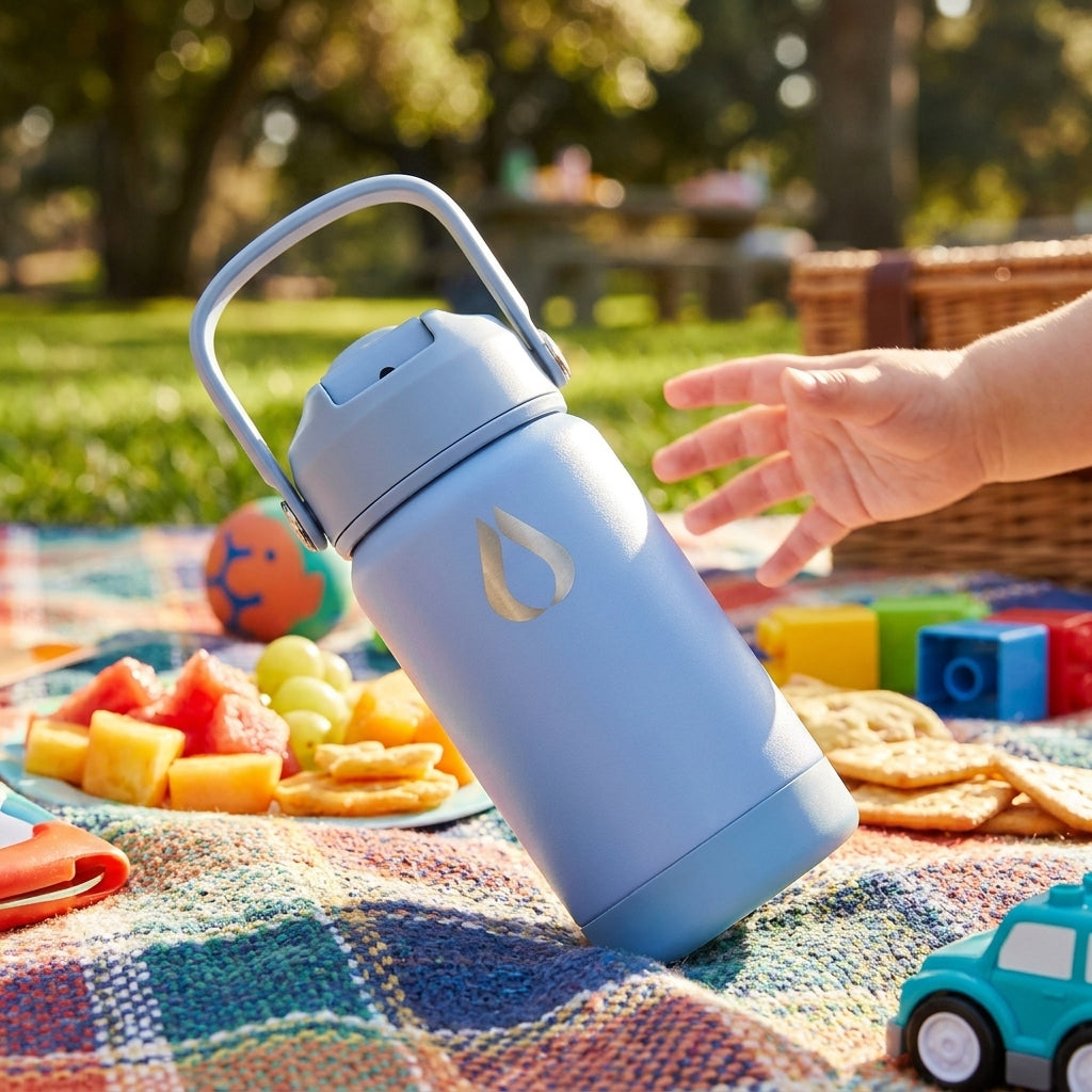 Børneflaske - 350ML - Blå | Capture a vibrant, high-energy outdoor scene featuring this water bottle as the star of a playful moment.